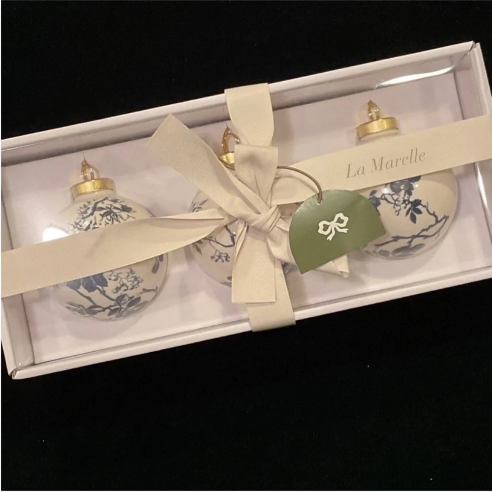 Set of 3 Hand Painted Christmas Ornaments White/Blue - Threshold Studio McGee